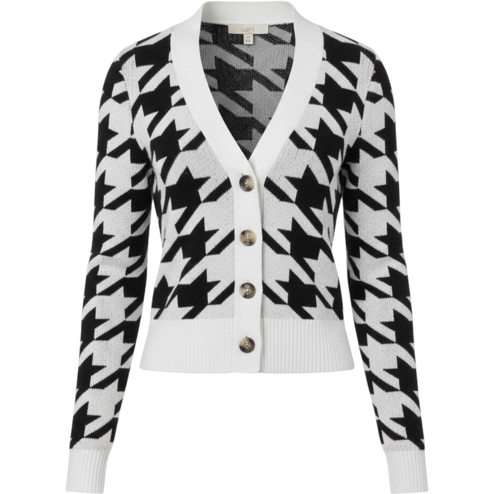 Loft Black White Houndstooth Button Front V-Neck Cardigan Sweater XS